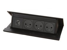 Pop-up blok INCARA 3x zásuvka 250V surface, 1x USB A+C nabíjačka 15W + montážny rám, farba čierna, kábel 2m