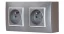 Nástěnný zásuvkový blok, 2x 250V/16A, šedé metalizované barvy s bílým ozdobným rámem, bez kabelu