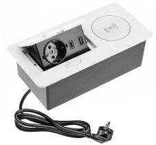 Výklopný blok AVARO PLUS, 1x 230V /schuko, 2x USB-A/C nabíjací, 1x bezdrôtová nabíjačka Qi, kábel 1.5m, farba biela