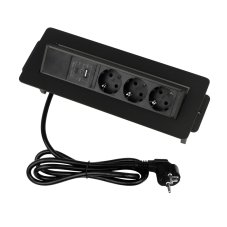 Výklopná zásuvka FLIX BOX, 3x 230 V, 1x USB-A + 1x USB-C, kabel 1,5m, černá
