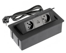 Výklopná zásuvka 2x 230V, 2x USB A+C nabíjací 15W, farba čierna, kábel o dĺžke 1.5m