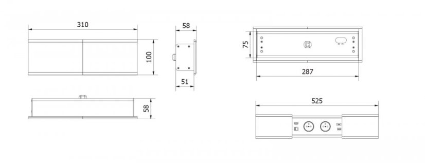 Zásuvkový blok PRESTINO s posuvným víkem, 2x zásuvka,  2x USB A/C , 1x HDMI 2.0, 1x RJ45 cat.6, kabel 1.5m, barva stříbrná