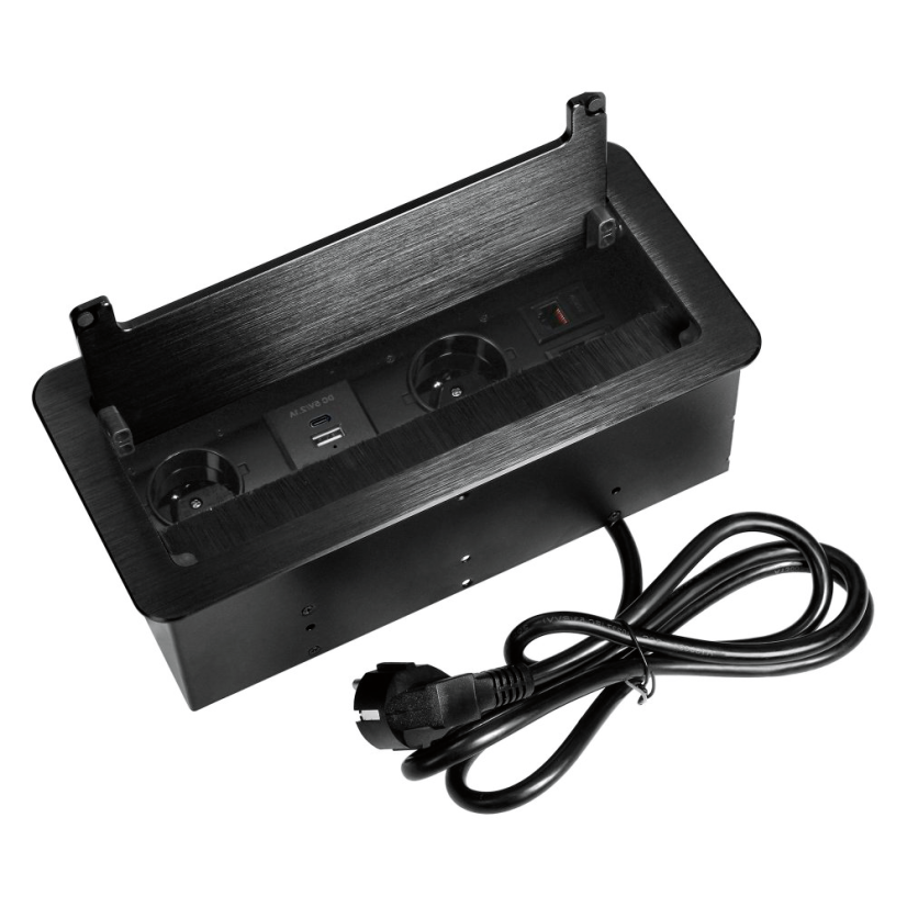 Vestavný zásuvkový blok 2× 230 V, USB-A + USB-C, 2× RJ45 cat.6a, prachový kartáč, barva černá