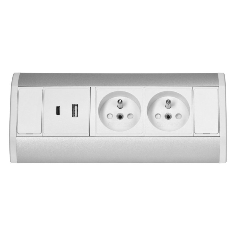Rohový zásuvkový blok, 2x zásuvka 230V + 2x USB nabíječka A+C 5V, bílo-stříbrná barva