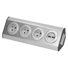 Nerezový rohový blok 3x 230V s 2x USB nabíječkou, bez kabelu