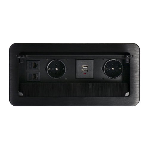 Vstavaný zásuvkový blok 2x 230V, 2x port RJ45, 2x USB-A nabíjačka 5V, zaoblené hrany, prachová kefa, kábel 1.5m, farba čierna