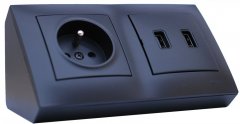 Rohová zásuvka 1x 250V / 16A + 2x USB nabíjačka, farba čierna matná, bez kábla