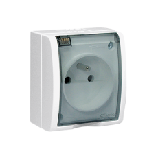 Zásuvka silová 1 násobná (přístroj s krytem), IP54, s uzemněním, se clonkami, průhledné víčko, 16 A / 250 V~, šroubové svorky, Aquarius, barva bílá