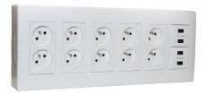 Nástěnný box S500, 10x zásuvka 250V, 4x USB nabíječka, barva bílá