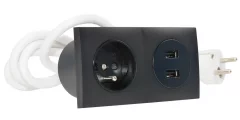 Zásuvkový blok zapustený v čiernej farbe, 1x zásuvka 250V + 2x USB-A nabíjačka, kábel 1.5m