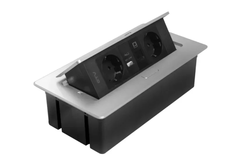 Výklopná zásuvka MULTISOFT, 2x 230V schuko,  USB A/C nabíječka, RJ45, barva stříbrná, kabel o délce 1.5m