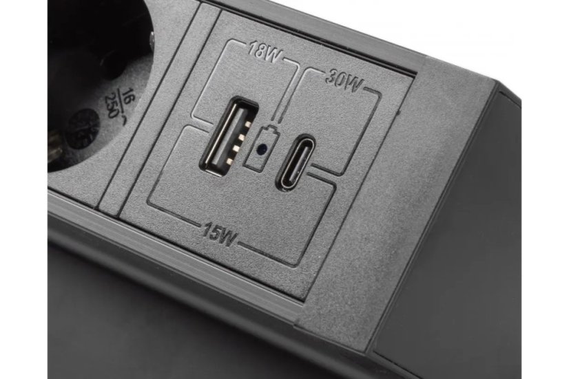 Stolní blok Basco, 3x zásuvka 230V, 2x nabíjecí USB A+C 30W, kabel 1.5m, barva černá