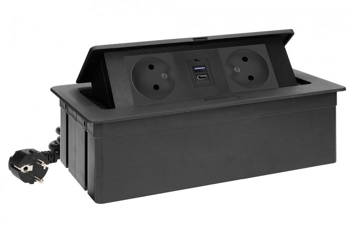 Výklopný blok, 2x zásuvka 230V + 2x USB nabíječka typ A/C, barva černá, kabel o délce 1.5m