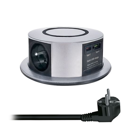 Výsuvný blok zásuvek, 3x zásuvka 230V, USB rychlonabíjení A+C 20W Power Delivery, bezdrátová nabíječka 10W Qi, kabel 2m, barva stříbrná