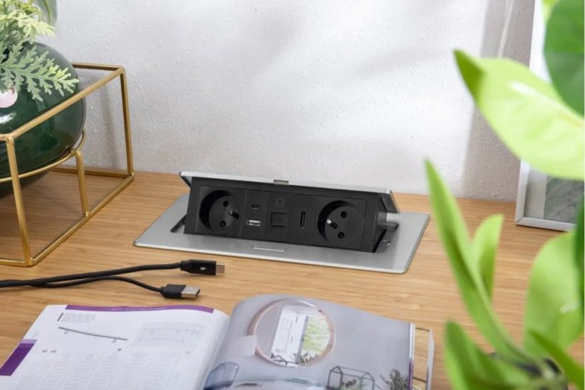Výklopná zásuvka MULTISOFT, 2x 230V,  USB A/C nabíječka, RJ45, HDMI, barva stříbrná, kabel o délce 1.5m