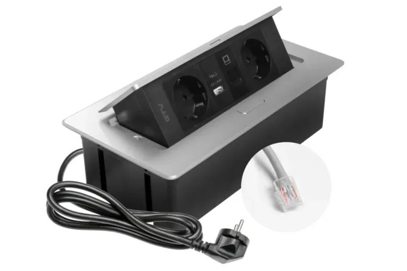 Výklopná zásuvka MULTISOFT, 2x 230V schuko,  USB A/C nabíječka, RJ45, barva stříbrná, kabel o délce 1.5m