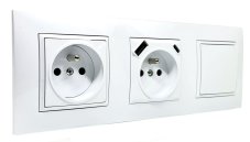 Zásuvky 2x 250V/16A s USB A/C nabíječkou + 1x vypínač č.1 v rámečku pod omítku, bílé barvy s ozdobným rámečkem
