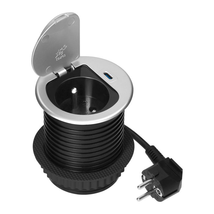 Zásuvka zapuštěná, 1x 230V + 1x USB-C nabíječka PD20W, barva stříbrná, kabel 1.9m