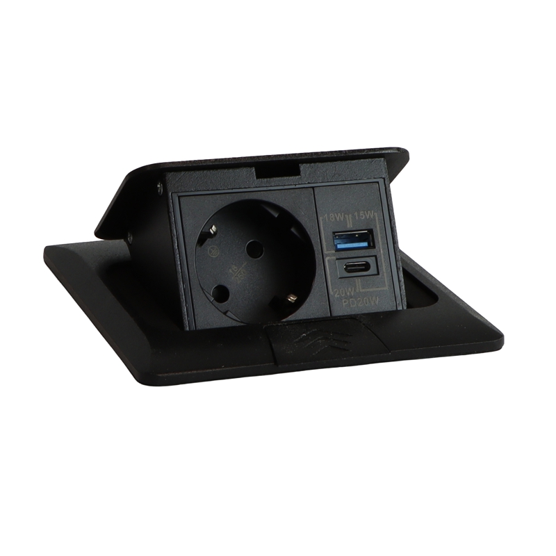 Podlahová zásuvka FLOOR BOX,  1×230 V (schuko), USB-A + USB-C PD 20 W, barva černá