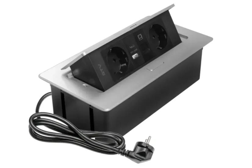 Výklopná zásuvka MULTISOFT, 2x 230V schuko,  USB A/C nabíječka, RJ45, barva stříbrná, kabel o délce 1.5m