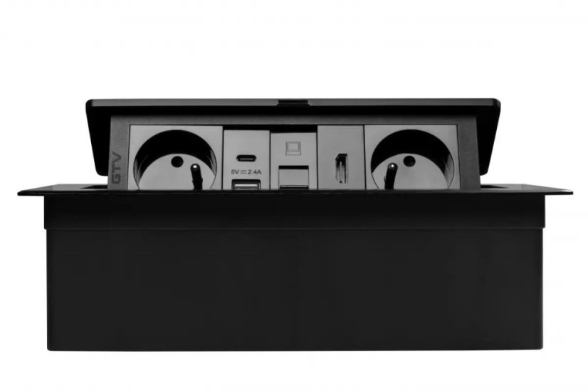 Výklopná zásuvka MULTISOFT, 2x 230V,  USB A/C nabíječka, RJ45, HDMI, barva černá, kabel o délce 1.5m
