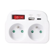 Zásuvková rozdvojka 2× 230 V + nabíječka USB-A + USB-C PD 20 W s vypínačem, bílá