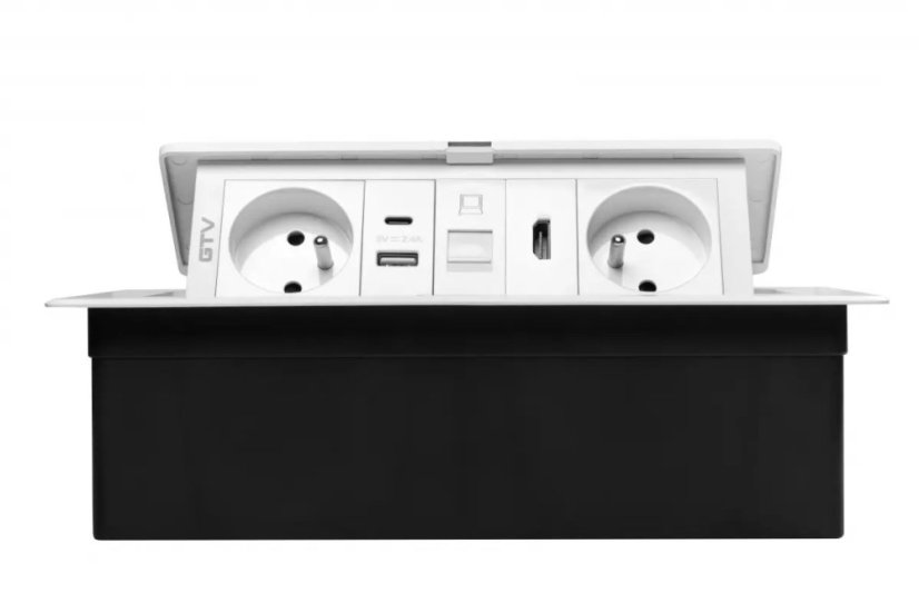 Výklopná zásuvka MULTISOFT, 2x 230V,  USB A/C nabíječka, RJ45, HDMI, barva bílá, kabel o délce 1.5m