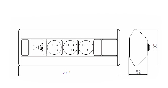 Rohový zásuvkový blok 3x230V,  2xUSB 2.1A 5V, stříbrno-černý, kabel 1.5m