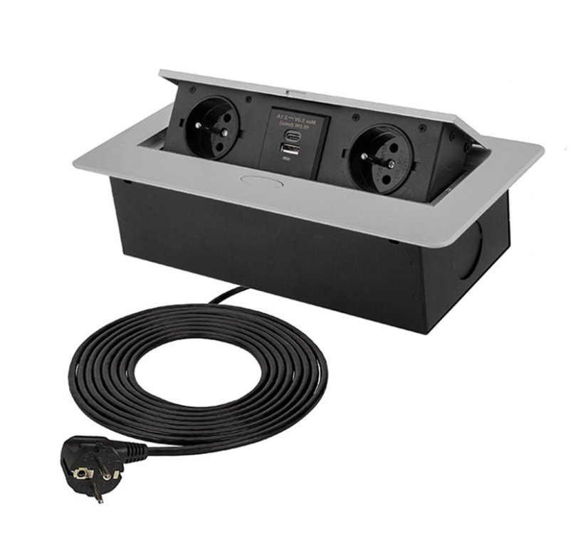 Zásuvka výklopná 2 x 230V + 2x USB A+C nabíječkou 5V, IP20, max. příkon 3680W, délka kabelu 1.5 m, barva stříbrná