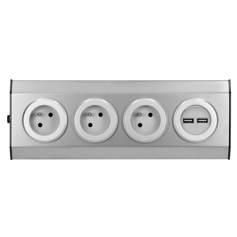 Nerezový rohový blok 3x 230V s 2x USB nabíječkou, bez kabelu