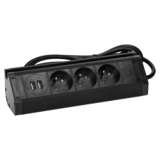 Trojitá rohová zásuvka 3x 230V s 2x USB (A) nabíjačkou a držiakom na telefón, kábel 1.5m, farba čierna