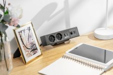 Zásuvka na dosku stola BAR, 2x 250V, 2x USB A + C nabíjačka, 1x RJ45 cat.6, 1x HDMI, kábel 1.5m, hliníkové telo, farba čierna
