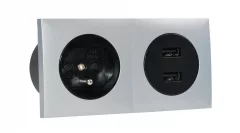 Zásuvkový blok zapustený v striebornej farbe, 1x zásuvka 250V + 2x USB-A nabíjačka, kábel 1.5m