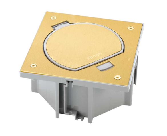 Podlahová mosazná zásuvka 1x 250V, manuální zámek, IP66, 135x135 mm, pro lité podlahy