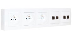 Zásuvkový blok nástenný 3x 250V/16A +  4x RJ45 cat.6, bez kábla, farba biela lesklá