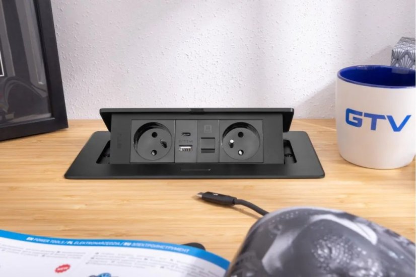 Výklopná zásuvka MULTISOFT, 2x 230V,  USB A/C nabíječka, RJ45, barva černá, kabel o délce 1.5m