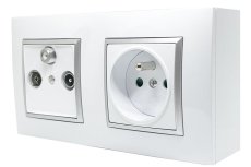 Nástěnný zásuvkový blok, 1x 250V/16A + 1x TV-R-SAT, bílé barvy se stříbrným matným ozdobným rámem, bez kabelu
