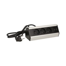 Stolná zásuvka so svorkami, 3x zásuvka, 2x USB nabíjací port, farba čierno-strieborná, kábel 1.8m
