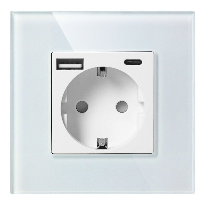 Zásuvka 2P+Z (schuko) s USB-A + USB-C nabíječkou 5VDC /3A, skleněný rameček, barva bílá
