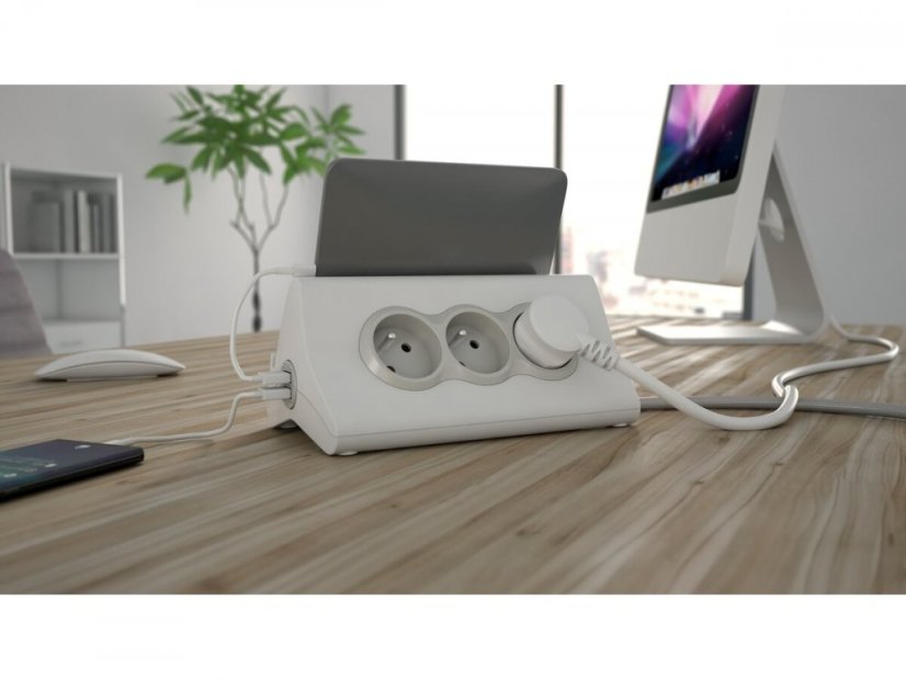 Multifunkčný blok, 3x zásuvka 230V, 2x USB-A nabíjací, vypínač, držiak tabletu alebo telefónu, farba bielo-sivá
