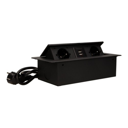 Stolní zásuvkový blok s frézovaným krytem, černé barvy, 2 zásuvky 230V, 2x USB nabíječka 5V , kabel 1.5m