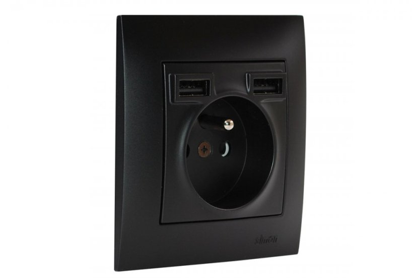 Zásuvka 1x 230V/16A s 2x USB nabíjačkou 5V / 2.1A v rámčeku, inštalácia pod omietku, farba čierna