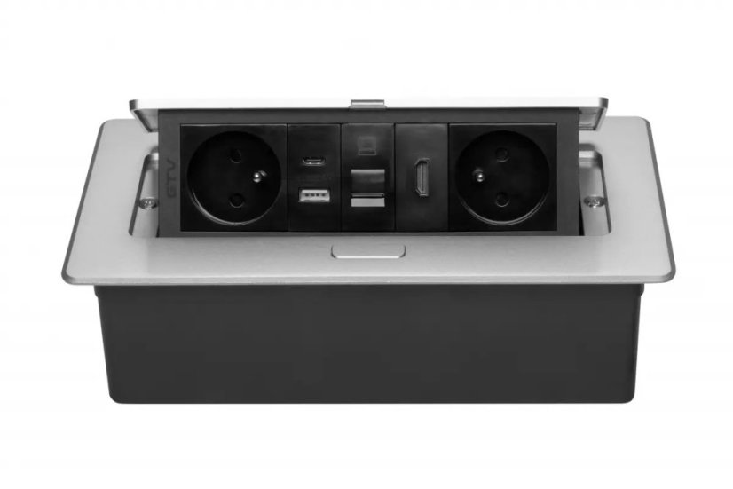 Výklopná zásuvka MULTISOFT, 2x 230V,  USB A/C nabíječka, RJ45, HDMI, barva stříbrná, kabel o délce 1.5m