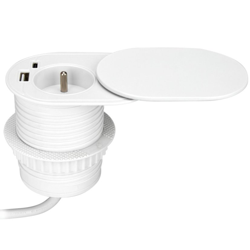 Zásuvkový blok s posuvným víkem, 1x zásuvka 230V a 1x USB-A+C nabíječka, PD20W, kabel 1.9m, barva bílá