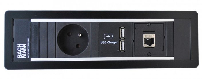 Zásuvkový blok FRAME - 1x zásuvka 230V, 2x USB nabíječka,  1x RJ45,  v černém rámečku, kabely 2m