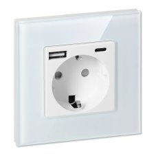 Zásuvka 2P+Z (schuko) s USB-A + USB-C nabíjačkou 5VDC /3A, sklenený ramiček, farba biela