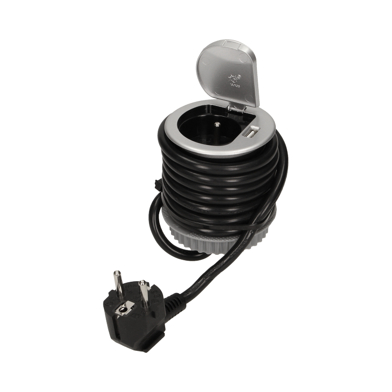 Jednoduchá zásuvka zapustená, 1x zásuvka, 1x USB port nabíjací, farba strieborná, kábel 1.8m