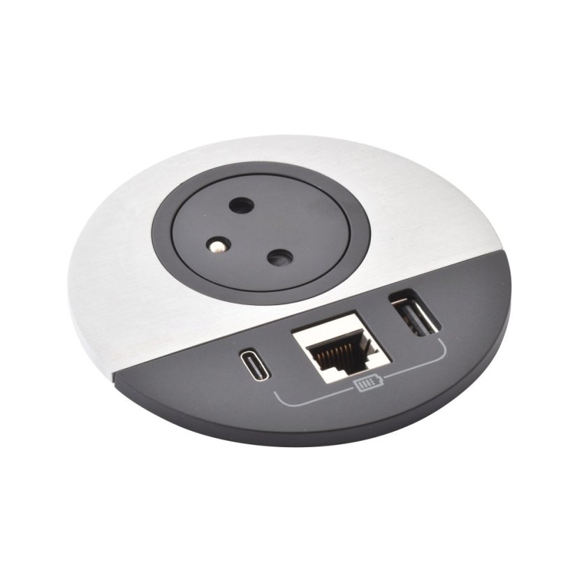 Zapuštěná zásuvka INCARA Disq 80, 1x 250V Surface, 1x USB A+C nabíječka, 1x port RJ45 cat.6, kabel 2m, barva černá-kov