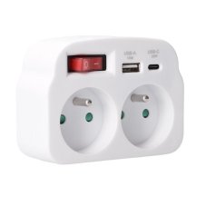 Zásuvková rozdvojka 2× 230 V + nabíječka USB-A + USB-C PD 20 W s vypínačem, bílá