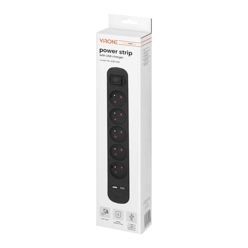 Přepěťová zásuvková lišta 5×230 V, USB-A + USB-C 20 W, 1,5 m, plochá vidlice, černá